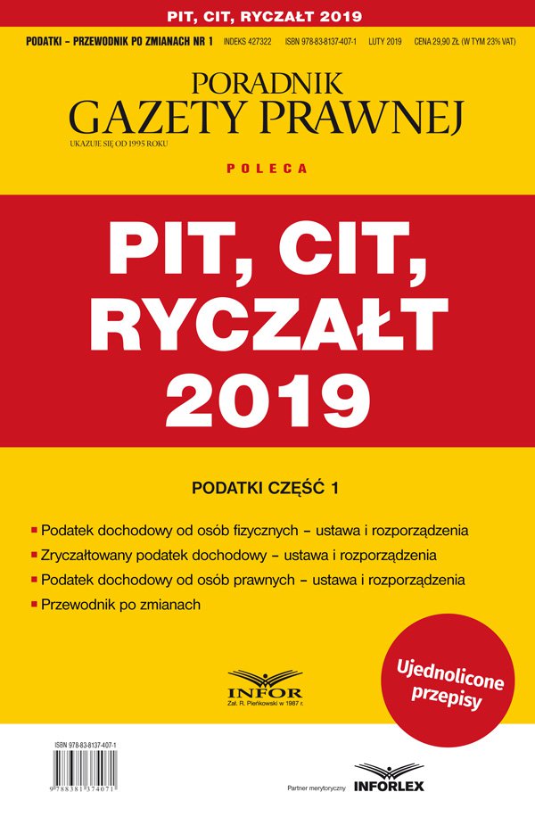 Okładka:PIT, CIT, Ryczałt 2019  Podatki cz.1 